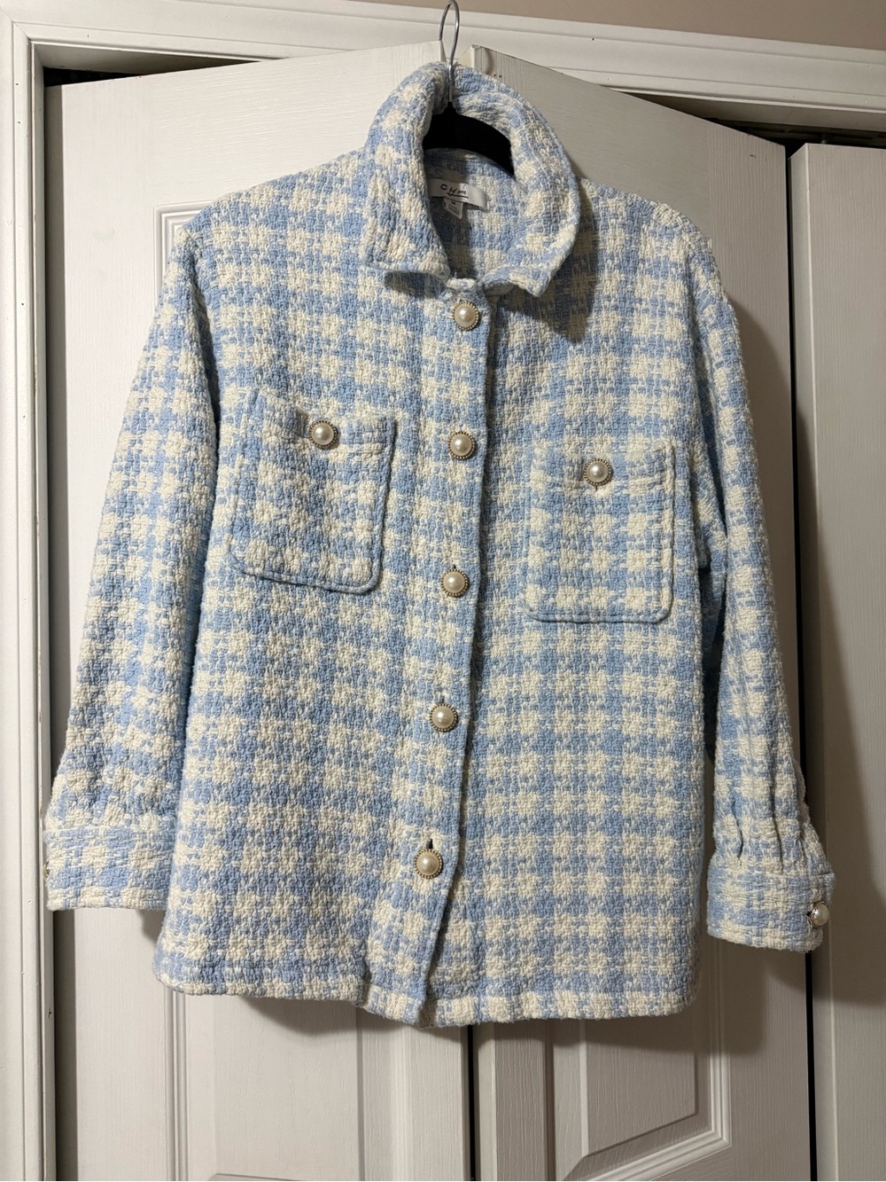C by One Blue & White Houndstooth Tweed Jacket / Blazer with Pearl Buttons - 1X